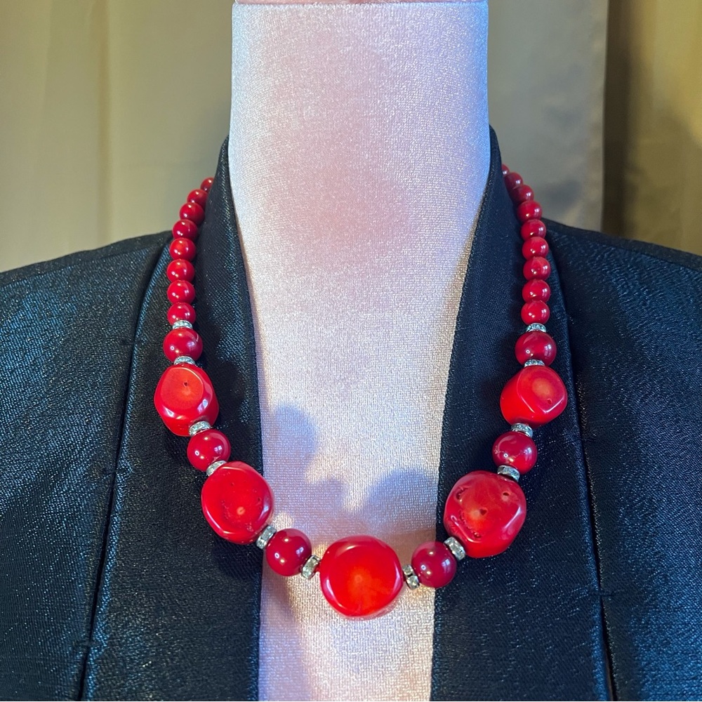 Lucas Lameth LUC 925 Red Coral Chunky Beaded  Necklace Rhinestone Accents 24”-26